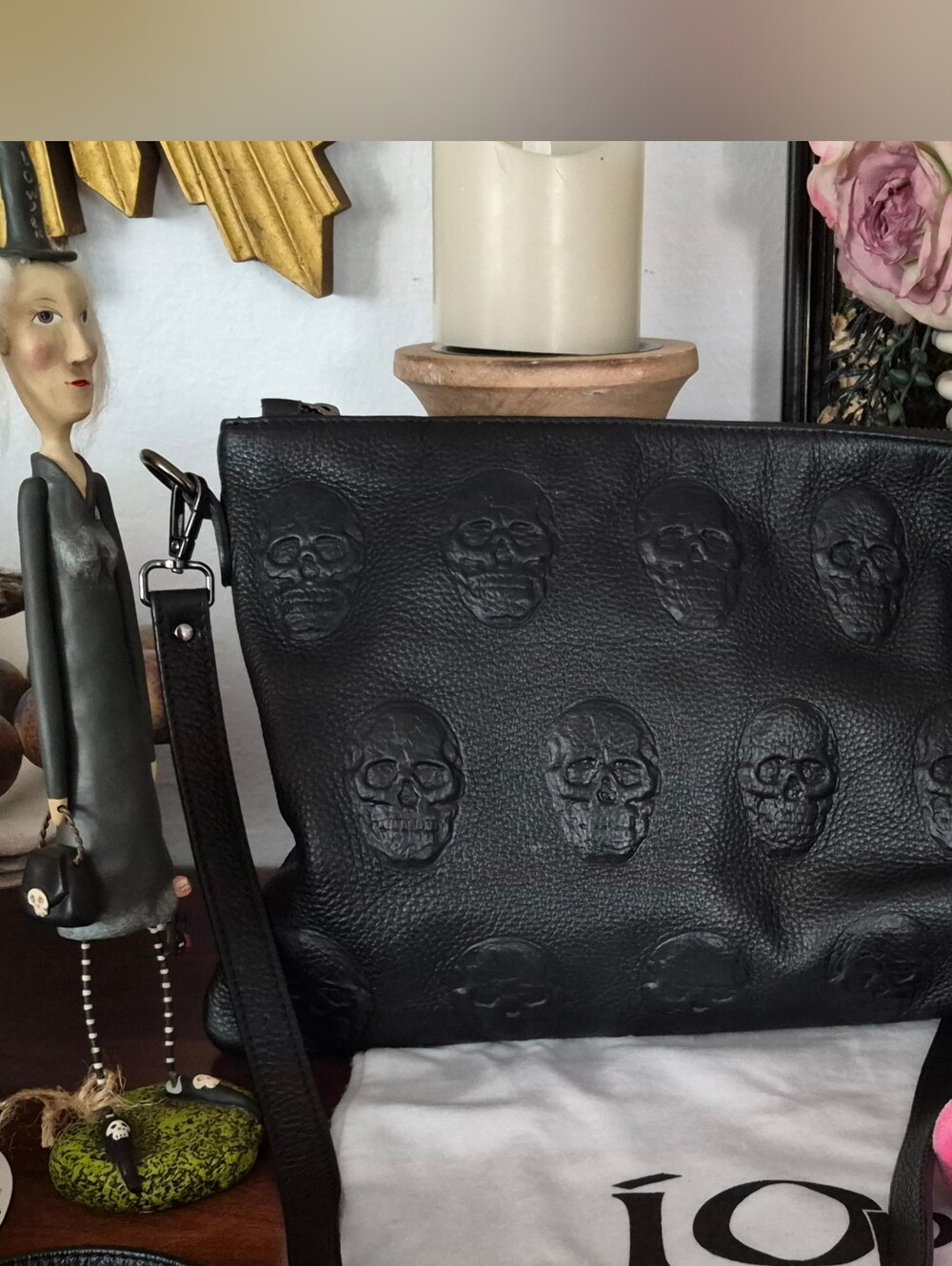 Io Pelle Italia Black Embossed Skull Leather Crossbody Bag